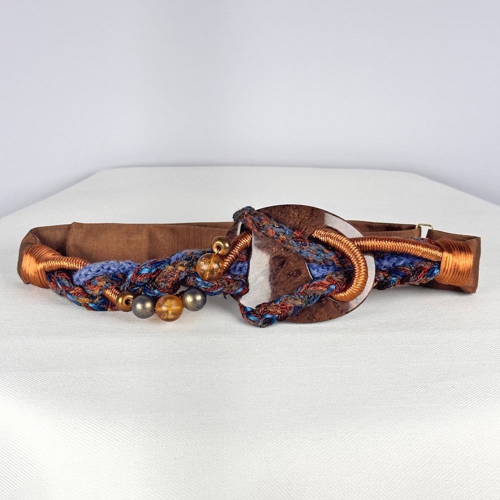 Vintage Carolyn Tanner Bronze Blue Braided Belt Boho Mixed Media 80s Statement